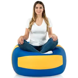 Puff elegante azul y amarillo para espacios de vida vibrantes