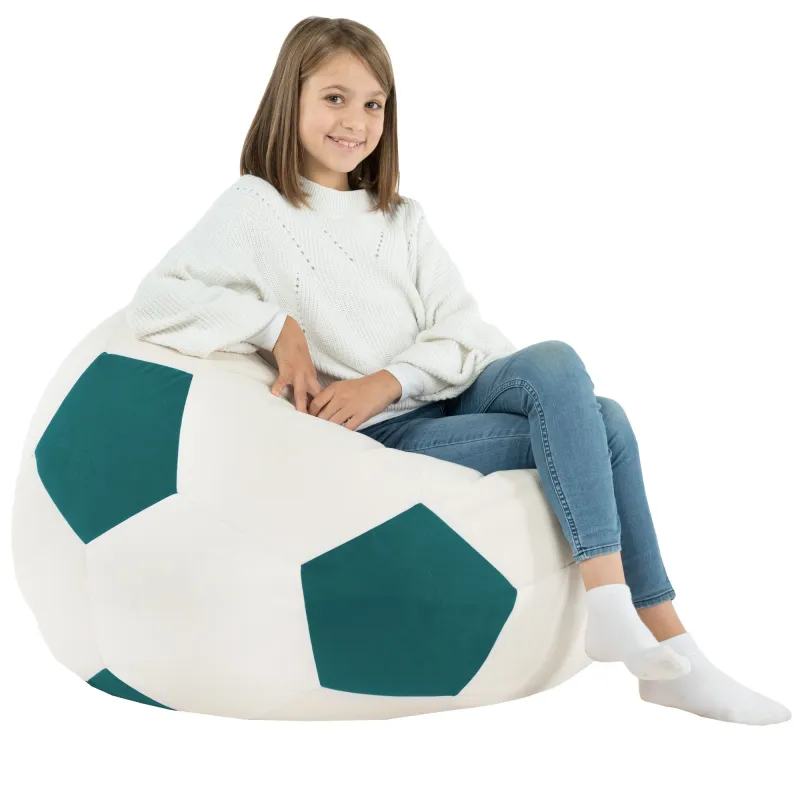 Puff de fútbol azul terciopelo, perfecto para habitaciones infantiles o áreas de juego