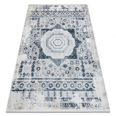 Alfombra moderna DUKE 51542 crema / azul - Rosetón vintage, estructurada, muy suave, flecos