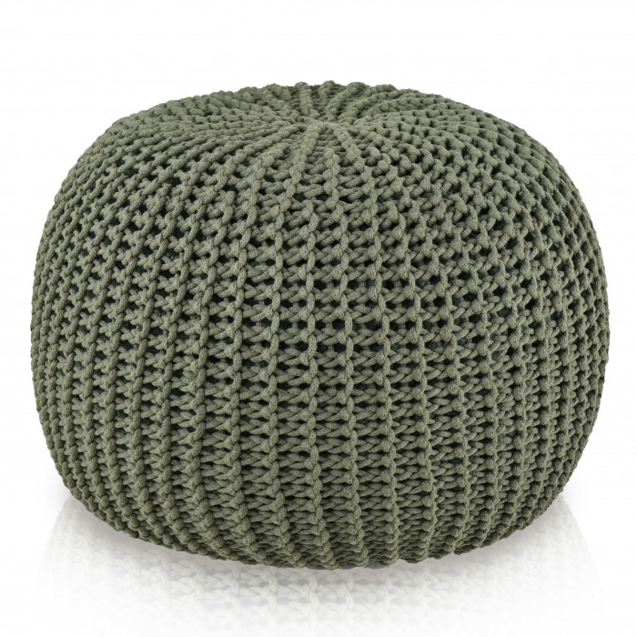 Puf HandKnit Grande – Puf verde bosque tejido a mano con cordón de algodón