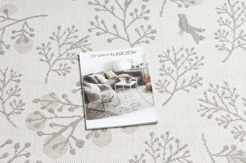 Dywan SZNURKOWY SIZAL FLAT 48774/367 Listki Ptaszki krem szary