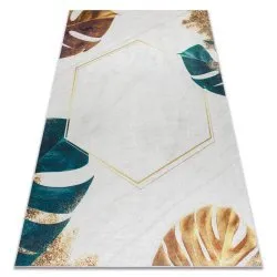 Alfombra lavable ANDRE 1150 Hojas de monstera, cubo antideslizante - blanco / oro