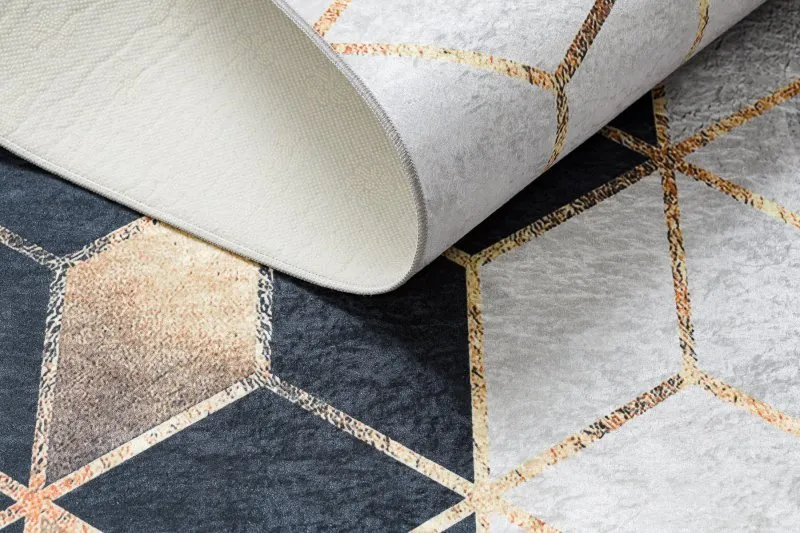Alfombra lavable ANDRE 1171 Cubo, geométrico antideslizante - negro / oro