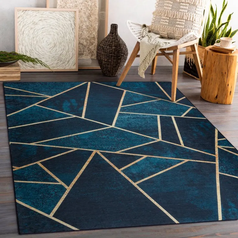 Alfombra lavable ANDRE 1173 mosaico, geométrico antideslizante - turquesa / oro