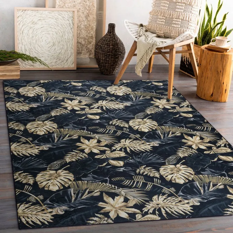 Alfombra lavable ANDRE 1311 Hojas de monstera antideslizante - negro / oro
