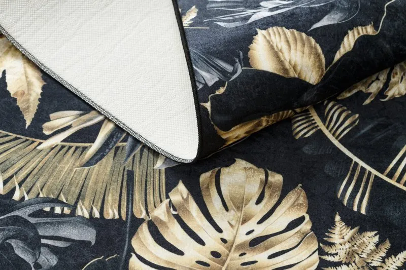 Alfombra lavable ANDRE 1311 Hojas de monstera antideslizante - negro / oro