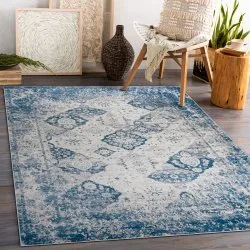 Alfombra lavable ANDRE 1819C Rosetón, vintage antideslizante - beige / azul