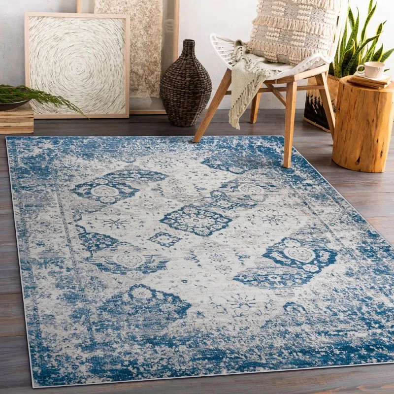 Alfombra lavable ANDRE 1819C Rosetón, vintage antideslizante - beige / azul