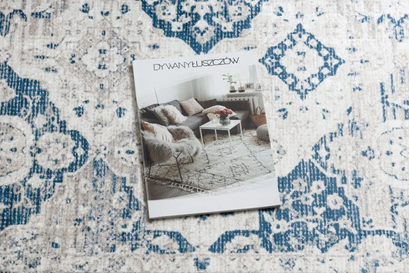 Alfombra lavable ANDRE 1819C Rosetón, vintage antideslizante - beige / azul