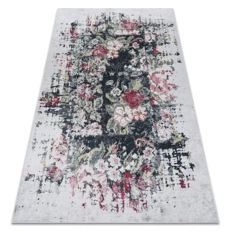 Alfombra lavable ANDRE 1816D flores vintage antideslizante - blanco / rojo