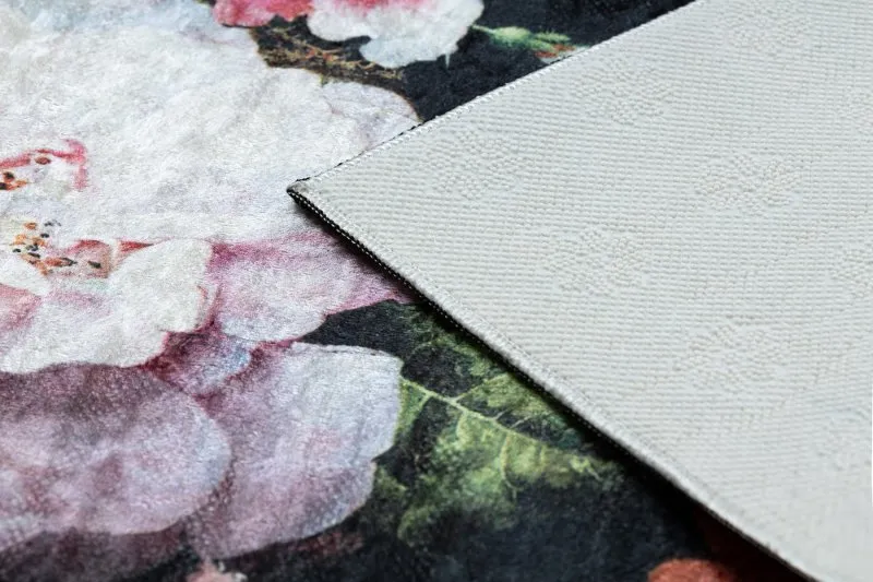 Alfombra lavable ANDRE 1629 flores vintage antideslizante - negro / rosado