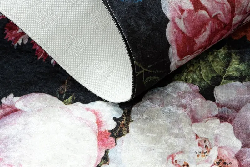 Alfombra lavable ANDRE 1629 flores vintage antideslizante - negro / rosado