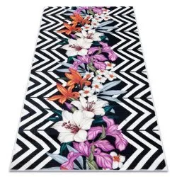 Alfombra lavable ANDRE 2300 flores zigzag antideslizante - negro / blanco