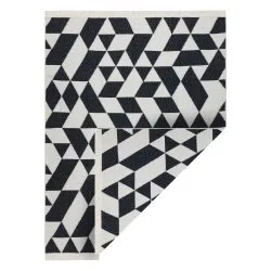 Alfombra TWIN 22992 geométrica, algodón, doble cara, Flecos ecológicos - negro / crema