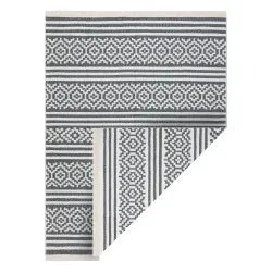 Alfombra TWIN 22996 geométrica, rayas algodón, doble cara, Flecos ecológicos - antracita / crema