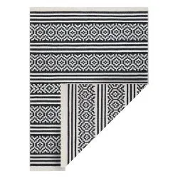 Alfombra TWIN 22996 geométrica, rayas algodón, doble cara, Flecos ecológicos - negro / crema