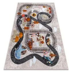 Alfombra lavable JUNIOR 51986.803 Vías del tren, locomotora para niños antideslizante - gris