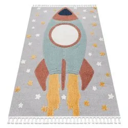 Alfombra YOYO GD55 gris / azul - Estrellas, Cohete para niños, estructural, sensorial Flecos