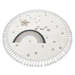 Alfombra YOYO EY78 circulo blanco / beige - Nube, Arcoiris, puntos para niños, estructural, sensorial Flecos