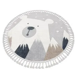 Alfombra YOYO EY81 circulo gris / blanco - Oso, montañas para niños, estructural, sensorial Flecos