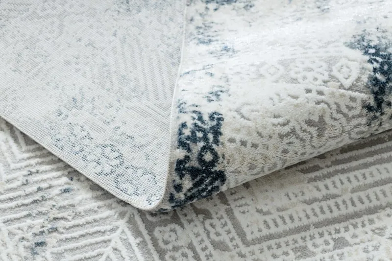 Dywan DUKE 51558 krem / niebieski - Geometryczny vintage, strukturalny, bardzo miękki, frędzle
