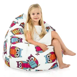 Gran puff pera para niños con diseño de búhos, ideal para relajarse y jugar