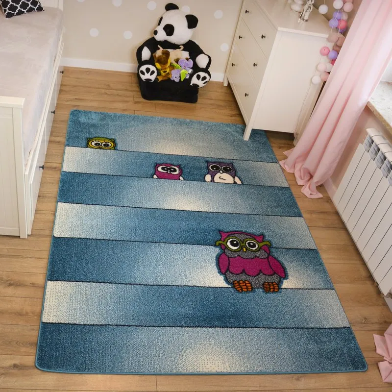 Alfombra azul infantil con búhos, un toque estiloso para la habitación de los niños