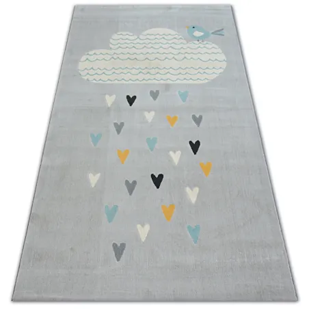 Alfombra moderna en gris y turquesa con diseño de nubes y corazones