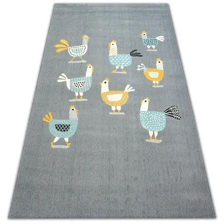 Alfombra moderna en gris y turquesa con diseño de aves, ideal para decoraciones elegantes