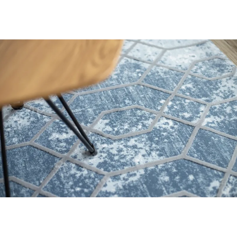 Alfombra moderna con diseño hexagonal azul y gris