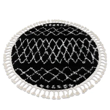 Alfombra circular negra y blanca con flecos bereberes