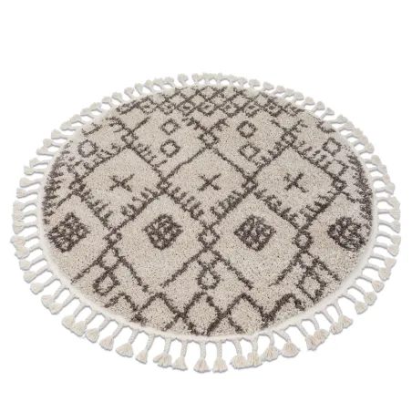 Alfombra circular crema y marrón con flecos, estilo bereber, shaggy