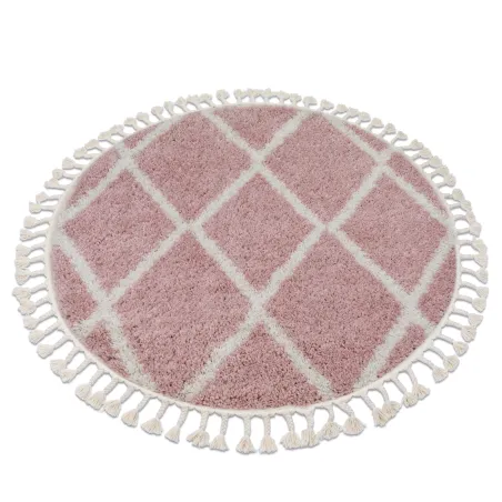 Alfombra redonda rosa y blanca con flecos bereberes