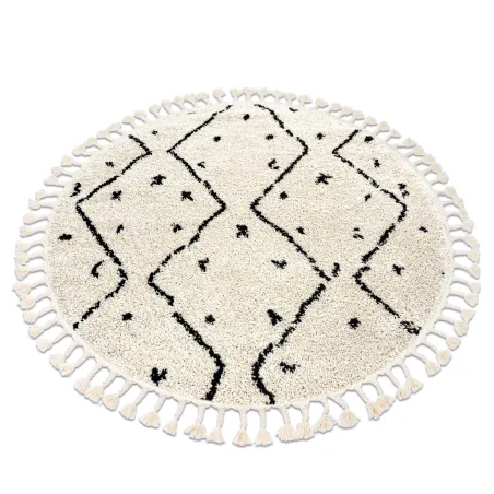 Alfombra circular crema con flecos, estilo bereber marroquí, shaggy