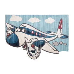 Alfombra infantil TOYS 75320 Avión para niños - moderno, forma irregular, efecto 3D, azul marino - turquesa / crema