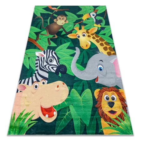 Alfombra BAMBINO 2705, antideslizante verde y marrón, temática de animales para niños