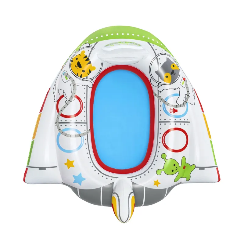 Flotador de playa colorido en forma de nave espacial, perfecto para actividades veraniegas