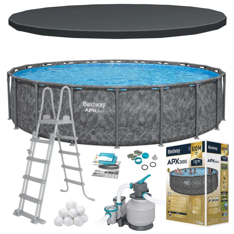 Piscina de jardín 610x132 cm 11 en 1, diseño resistente para exteriores