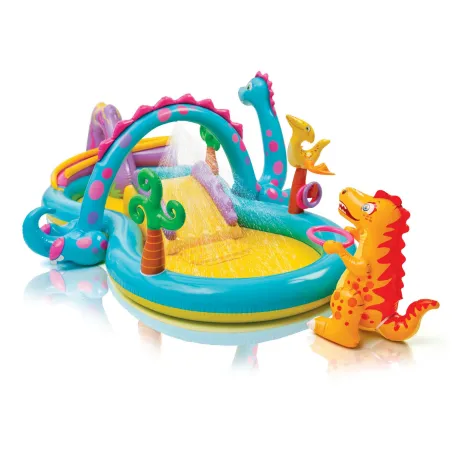 Centro de juegos hinchable de dinosaurios, diseño vibrante, ideal para niños